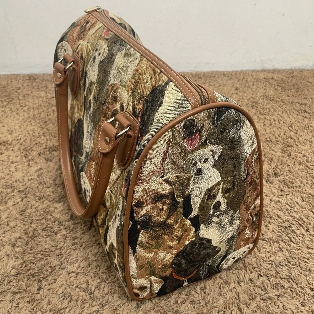 Signare Tapestry Dog‎ Breed Satchel Bag Tan Faux Leather Trim Barrel Handbag